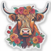 Highland Koe met Rozen Waterdicht Sticker (Voorkant)