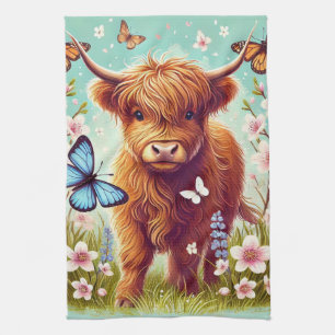 Highland Koe met vlinders en voorjaarsbloemen Theedoek