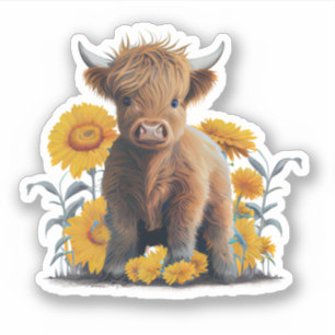 Highland Koe met Zonnebloemen Custom Cut Vinyl Sticker