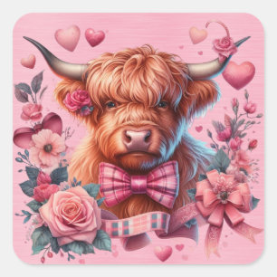 Highland Koe omgeven door bloemen Vierkante Sticker