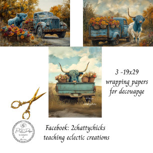 Highland Koe Oude Truck Bloemen 3-19x29 Inpakpapier Vel