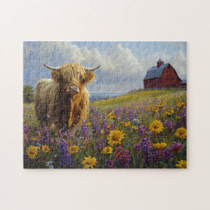 Highland Koe Paarse gele wilde bloemen Legpuzzel