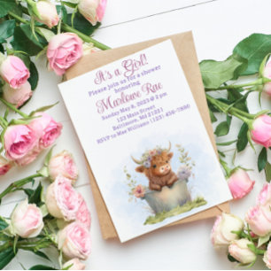 Highland koe paarse, roze, bloemenwaterverf baby kaart