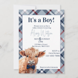 Highland koe plaid baby shower uitnodiging