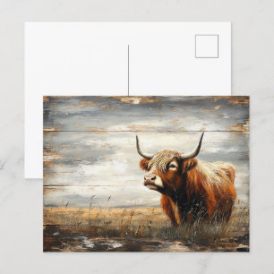 Highland Koe Portret op verweerd hout Briefkaart