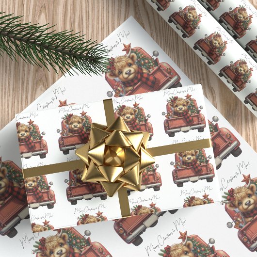 Highland Koe Rode Truck Vrolijk Kerstfeest Cadeaupapier