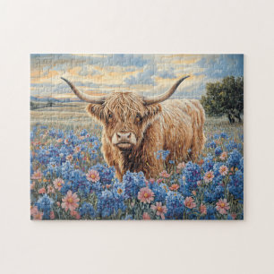 Highland Koe Roze en Blauwe Wildflowers Legpuzzel
