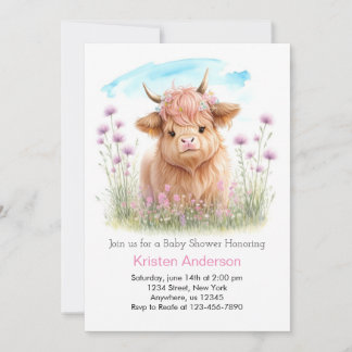 Highland Koe Roze Meadow Meisje Baby shower Kaart