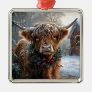 Highland Koe Rustic Barnyard Christmas Metalen Ornament