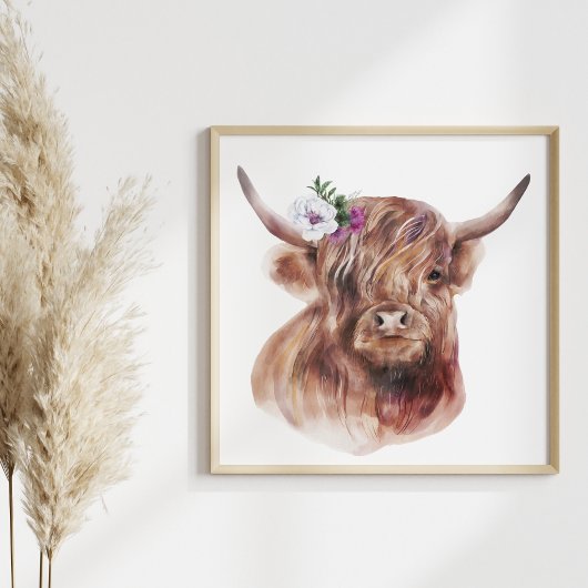 Highland Koe Rustic Scottish Cattle Illustration Poster