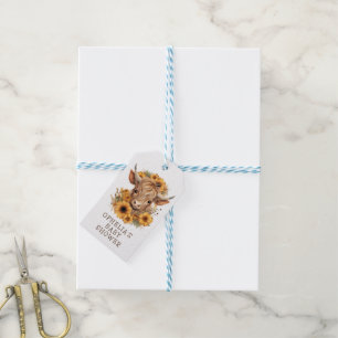 Highland Koe Rustieke Zonnebloemen Baby shower Bed Cadeaulabel