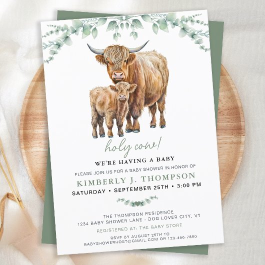 Highland Koe Sage Boho Greenery Baby shower Kaart