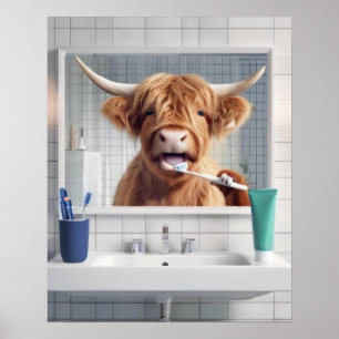 Highland Koe Tandenpoetsen Badkamer Poster