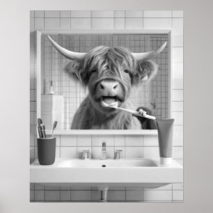 Highland Koe tandenpoetsen Dental Humor Badkamer Poster