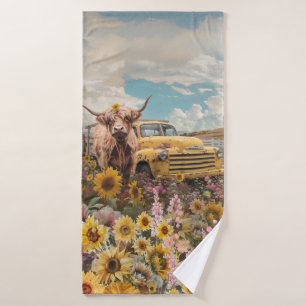 Highland Koe Truck Zonnebloemen Veld Bad Handdoek