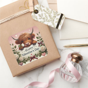 Highland Koe Valentijn met witte rozen Vierkante Sticker
