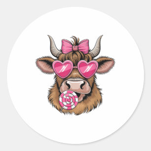 Highland Koe Valentijnsdag Hart Coquette Bow Gir Ronde Sticker