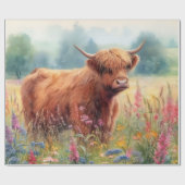 Highland Koe Waterverf Wildflower Field Cadeaupapier (Vlak)