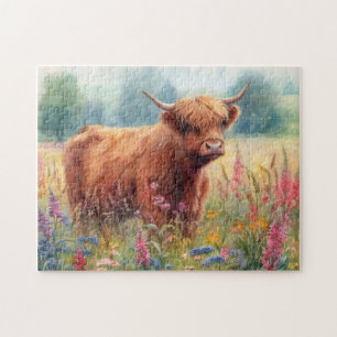 Highland Koe Waterverf Wildflower Field Legpuzzel