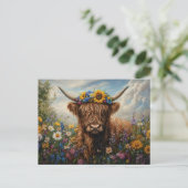 Highland Koe Wildflower Crown Briefkaart (Staand voorkant)