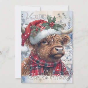Highland Koe Winter Kerst Watercolor Feestdagenkaart