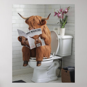 Highland Koe Zittend op Toilet Leesbadkamer Poster