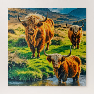 Highland Koeien in een sereen landschap Legpuzzel