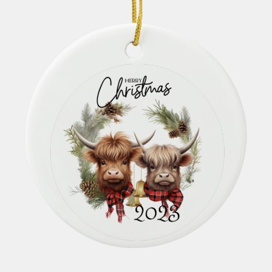 Highland Koeien Kerst Keramisch Ornament (Voorkant)