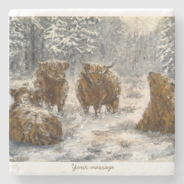  Highland Soul: Whimsical Snowy Cows Vintage Stenen Onderzetter