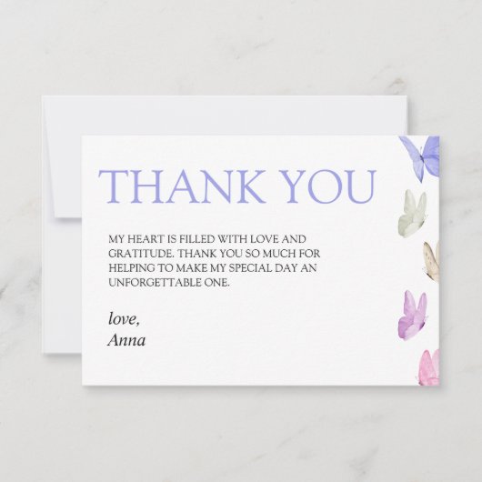 Hij bezorgt haar vlinders  Bruidsmeisjesfeestje Bedankkaart (Voorkant)