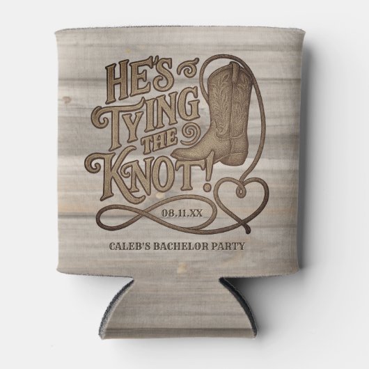 Hij bindt de knoop cowboy houtsnede vrijgezellenfe blikjeskoeler (Voorkant)
