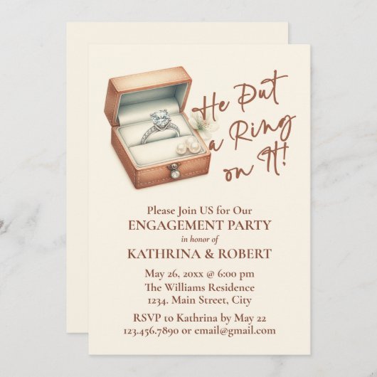 Hij deed er een ring op! Beige Engagement Party Kaart (Voorkant / Achterkant)