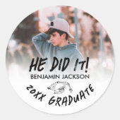 Hij deed het Foto Afstuderen Ronde Sticker (Voorkant)