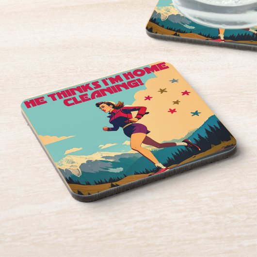 Hij denkt dat ik thuis Sassy Runner schoonmaak Bier Onderzetter (Linkerzijde)