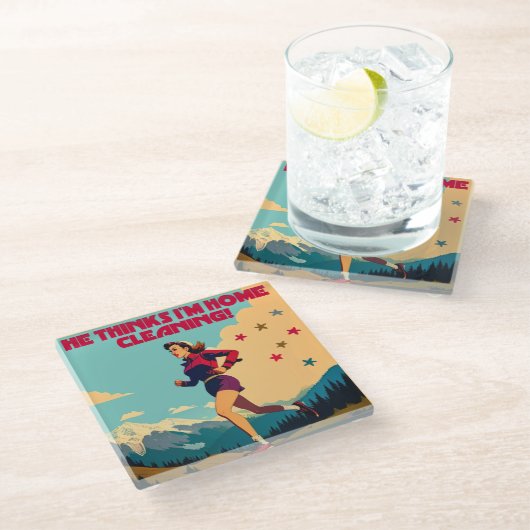 Hij denkt dat ik thuis Sassy Runner schoonmaak Glazen Onderzetter (Schuin)