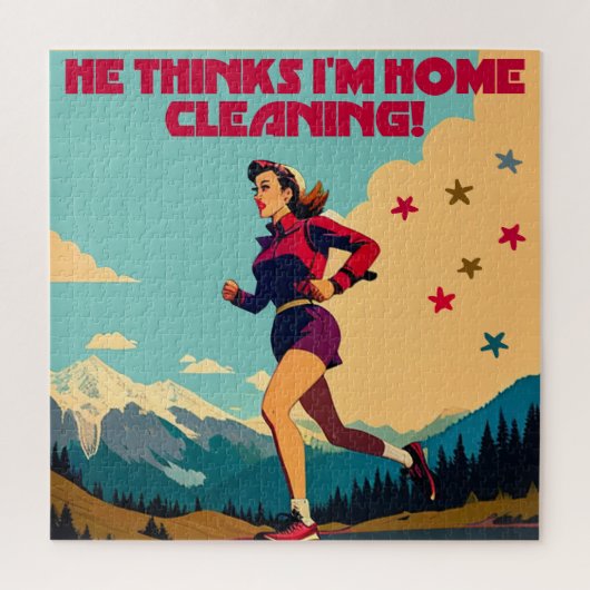 Hij denkt dat ik thuis Sassy Runner schoonmaak Legpuzzel (Verticaal)