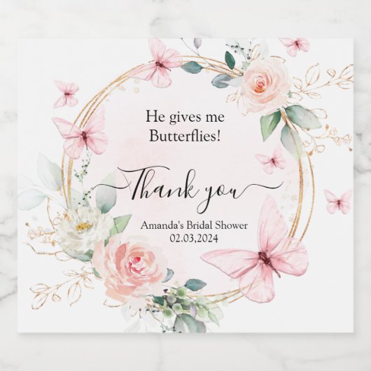 Hij geeft me vlinders douche gunst sprankelend sparkling wijnetiket (Enkel label)