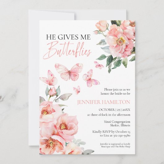 Hij Geeft Me Vlinders Roze Blush Bruidsfeest Kaart (Voorkant)