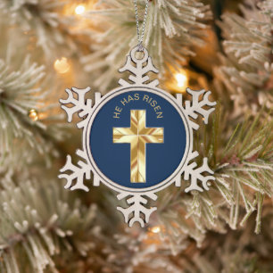 Hij heeft een blauw, religieus Golden Cross gewonn Tin Sneeuwvlok Ornament