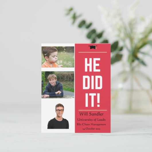 HIJ HEEFT HET GEDAAN. Aankondiging afstuderen met (Staand voorkant)