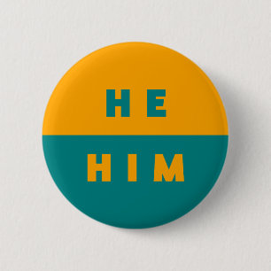 Hij / Hem Pronouns Blauwgroen Sinaasappel Kleurrij Ronde Button 5,7 Cm