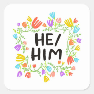 HIJ / HEM Pronouns Floral Handlettering Set of Vierkante Sticker