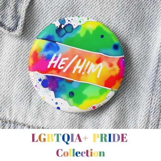Hij / Hem Pronouns Pride Waterverf Rainbow Ronde Button 5,7 Cm