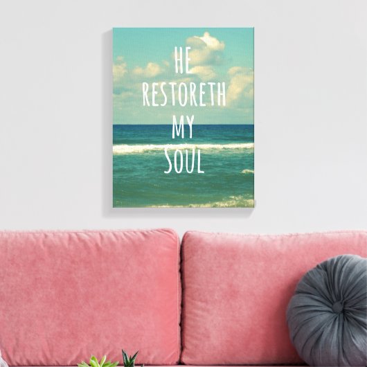 Hij herstelt mijn Soul Bible Verse Canvas Afdruk (Insitu (Woonkamer))