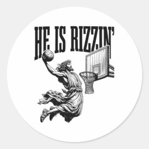 Hij is basketbal Rizzin Shirt Pasen Christelijk Ronde Sticker