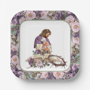 Hij is gerezen Floral Cross met Borden van Bijbelp Papieren Bordje