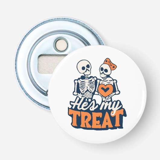 Hij is mijn traktatie Skelet Matching Koppel Hallo Button Flesopener (Voorkant)