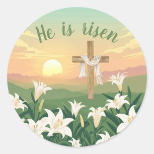 Hij is opgestaan als paaszonsopgang religieus ronde sticker