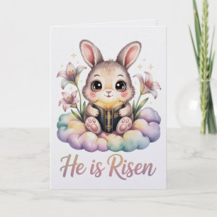 Hij Is Opgestaan Kawaii Konijn Pasen Kaart Schatt