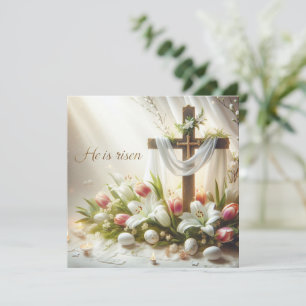 Hij Is Opgestaan Kruis met Lelies en Tulpen Feestdagenkaart